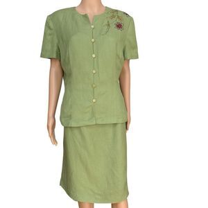 Donna Morgan vintage Green Skirt Suit Linen Blend Floral Embroidered Jacket 16